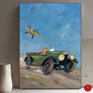 May include: Oil painting of a vintage green car with a person and a white dog, with a yellow airplane flying above against a blue sky. The artwork has a textured, brushstroke style.