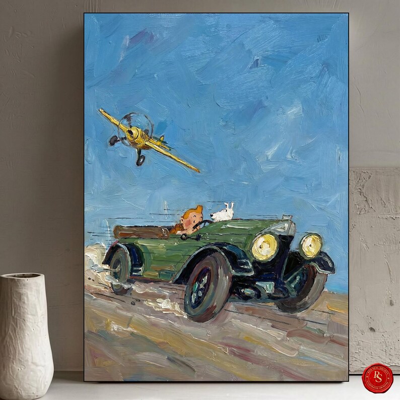 May include: Oil painting of a vintage green car with a person and a white dog, with a yellow airplane flying above against a blue sky. The artwork has a textured, brushstroke style.