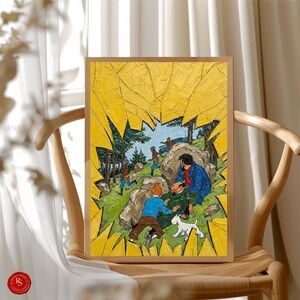 May include: A framed painting depicting a scene with figures in a landscape. The artwork features a yellow background with a textured appearance, and a central scene with people, trees, and a dog. The frame is a light brown color.