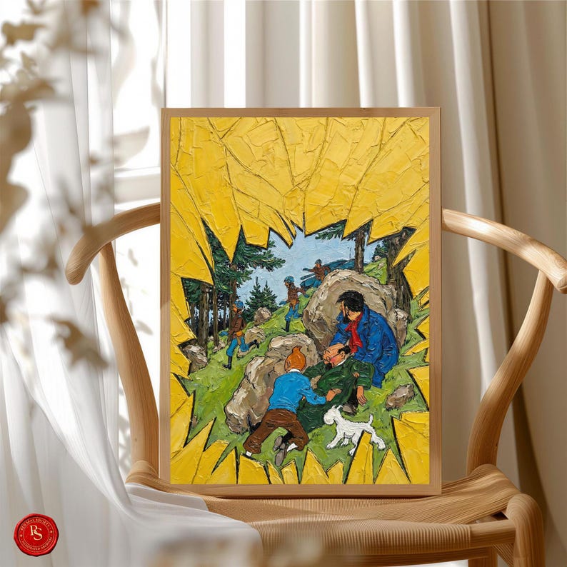 May include: A framed painting depicting a scene with figures in a landscape. The artwork features a yellow background with a textured appearance, and a central scene with people, trees, and a dog. The frame is a light brown color.