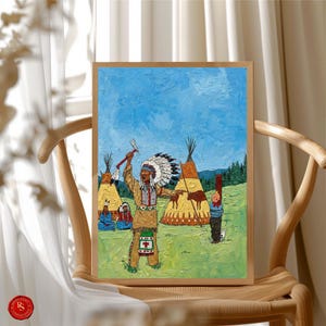 May include: A framed painting depicting a Native American chief raising an axe, with teepees and figures in a grassy field under a blue sky. The artwork has a textured, impasto style with vibrant colors and a wooden frame.