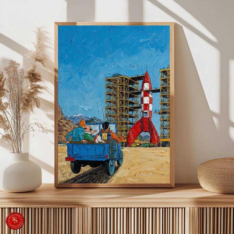 May include: A framed painting depicts a retro scene with a red and white rocket under construction. A blue truck carries three figures, with a blue sky and mountains in the background. The artwork has a textured, oil-paint style.