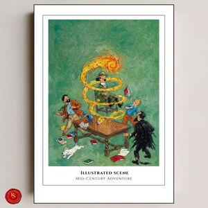 May include: An illustrated print titled "Illustrated Scene Mid-Century Adventure" depicts a chaotic scene with figures, a table, and a swirling flame. The artwork features a green background and a vintage aesthetic, with a small dog and scattered objects.