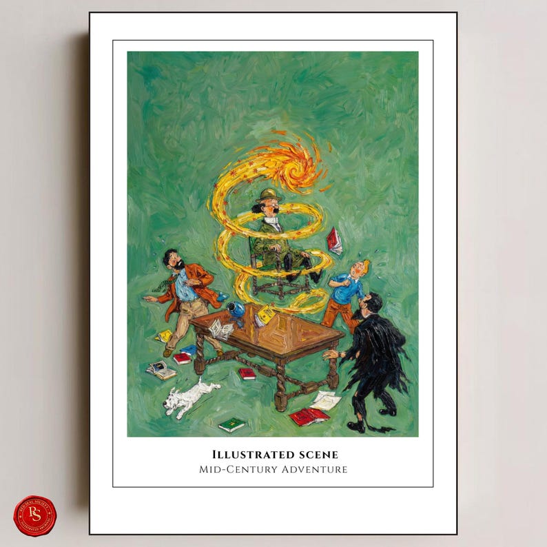 May include: An illustrated print titled "Illustrated Scene Mid-Century Adventure" depicts a chaotic scene with figures, a table, and a swirling flame. The artwork features a green background and a vintage aesthetic, with a small dog and scattered objects.
