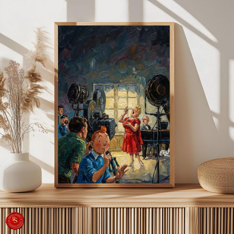 May include: Framed art print of a vintage movie scene. A woman in a red dress sings on a stage, with a man playing the piano. Tintin is in the foreground, holding a microphone. The scene is lit by large studio lights.