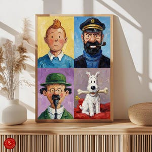 May include: A framed artwork featuring four panels of oil paintings. The panels depict Tintin, Captain Haddock, Professor Calculus, and Snowy. The artwork is set against a wooden background.