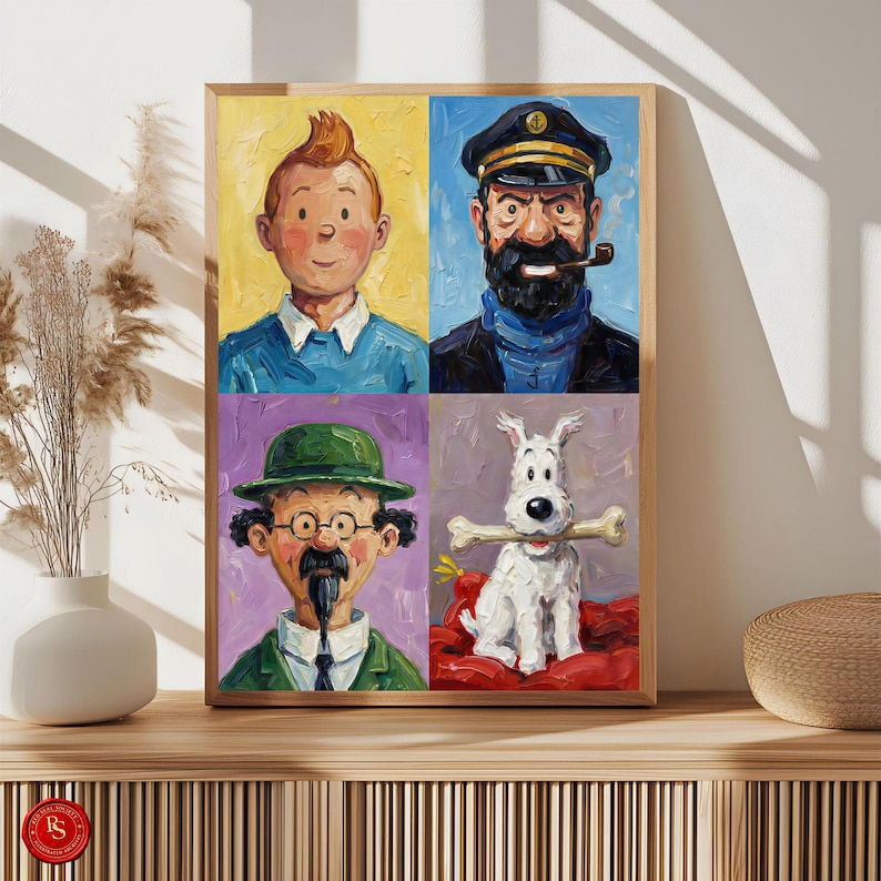 May include: A framed artwork featuring four panels of oil paintings. The panels depict Tintin, Captain Haddock, Professor Calculus, and Snowy. The artwork is set against a wooden background.