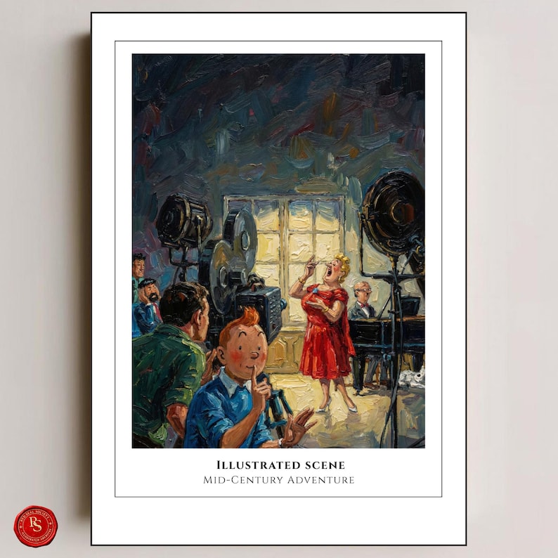 May include: An illustrated scene print titled "Mid-Century Adventure" depicts a film set. A woman in a red dress sings into a microphone. A man in a blue shirt holds a microphone. Film equipment and crew members are visible.