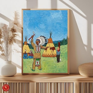 May include: A framed painting depicts a Native American figure in traditional attire, holding an axe, with teepees and figures in a grassy landscape under a blue sky. The artwork has a textured, impasto style.