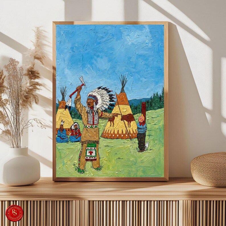 May include: A framed painting depicts a Native American figure in traditional attire, holding an axe, with teepees and figures in a grassy landscape under a blue sky. The artwork has a textured, impasto style.