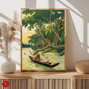 May include: A framed painting depicts a river scene with two people in a wooden boat. Lush green trees and foliage surround the riverbanks. The artwork features a warm color palette with yellow, green, and brown tones.