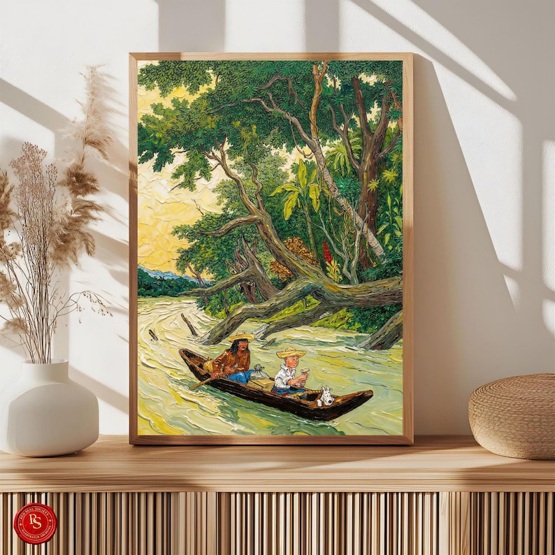 May include: A framed painting depicts a river scene with two people in a wooden boat. Lush green trees and foliage surround the riverbanks. The artwork features a warm color palette with yellow, green, and brown tones.