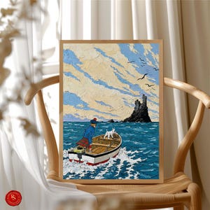 May include: A framed art print depicts a boat on a choppy sea with a person and a white dog. The person wears a blue jacket and red plaid skirt. A stone tower is in the distance under a cloudy sky. The artwork is in a wooden frame.