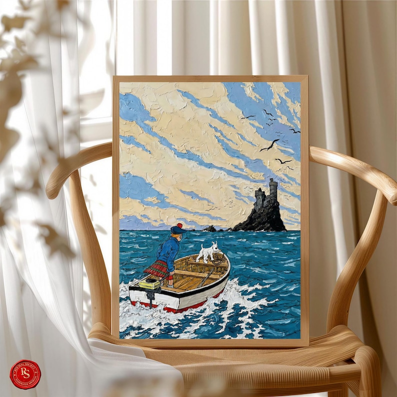 May include: A framed art print depicts a boat on a choppy sea with a person and a white dog. The person wears a blue jacket and red plaid skirt. A stone tower is in the distance under a cloudy sky. The artwork is in a wooden frame.