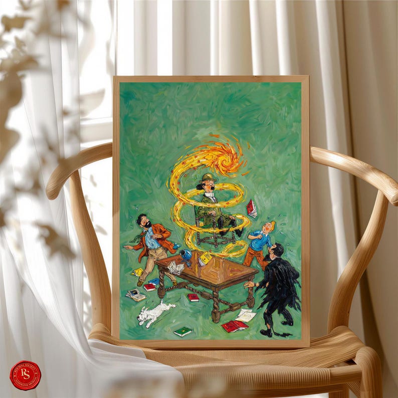 May include: A framed art print featuring a surreal scene with a person in a chair surrounded by a fiery spiral. Other figures are scattered around a table with books and objects. The background is a textured green.