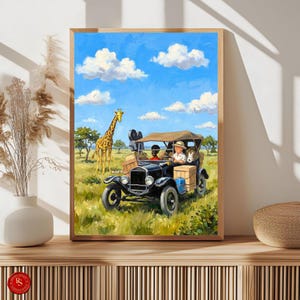 May include: A framed painting depicts a vintage black car with passengers and luggage on a safari adventure. A giraffe stands in the background under a blue sky with fluffy white clouds. The artwork is set in a grassy savanna.