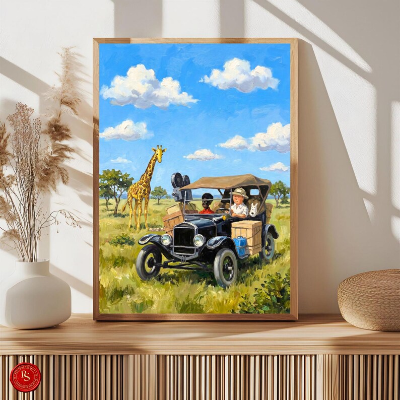 May include: A framed painting depicts a vintage black car with passengers and luggage on a safari adventure. A giraffe stands in the background under a blue sky with fluffy white clouds. The artwork is set in a grassy savanna.