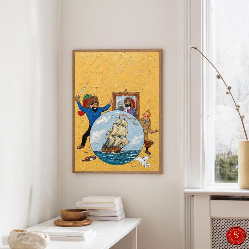 May include: A framed painting with a textured yellow background. The artwork depicts a pirate with a sword, a ship at sea, and two other figures. A small white dog is running near the ship. The painting is in a wooden frame.
