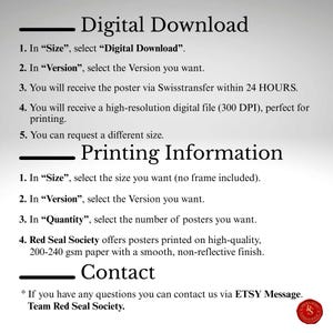 May include: A white background with black text detailing digital download and printing information. Instructions include selecting size and version, receiving the poster via Swisstransfer, and contacting the seller via Etsy Message. The Red Seal Society logo is in the bottom right.