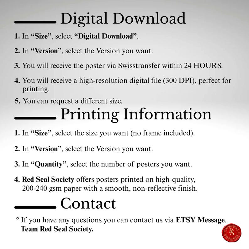 May include: A white background with black text detailing digital download and printing information. Instructions include selecting size and version, receiving the poster via Swisstransfer, and contacting the seller via Etsy Message. The Red Seal Society logo is in the bottom right.