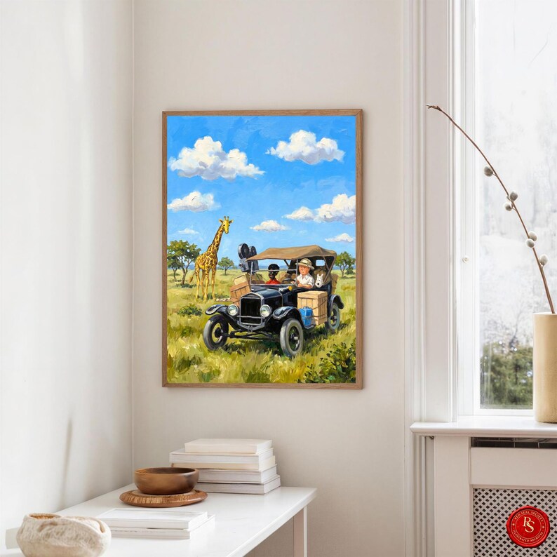 May include: A framed painting depicts a vintage black car on a safari adventure. The car carries passengers and luggage, with a giraffe in the background under a blue sky with clouds. The artwork is set in a grassy field.