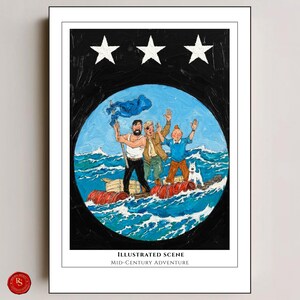 May include: An illustrated print depicting a mid-century adventure scene. The artwork features three figures and a dog on a raft in a blue ocean, with a black starry sky above. The text "ILLUSTRATED SCENE" and "MID-CENTURY ADVENTURE" are at the bottom.