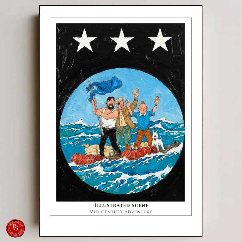 May include: An illustrated print depicting a mid-century adventure scene. The artwork features three figures and a dog on a raft in a blue ocean, with a black starry sky above. The text "ILLUSTRATED SCENE" and "MID-CENTURY ADVENTURE" are at the bottom.