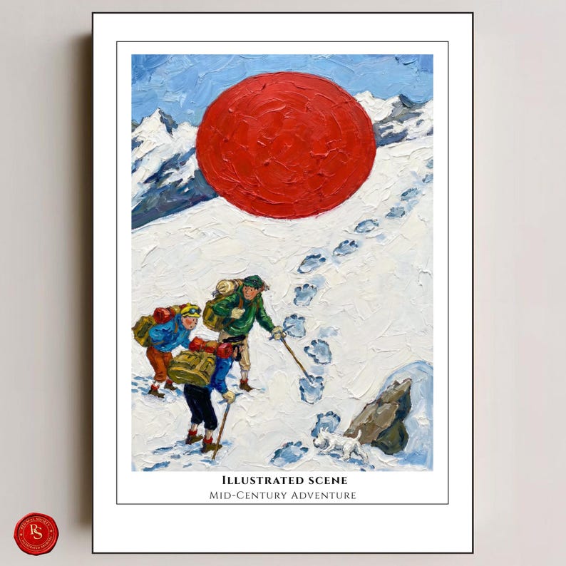 May include: An illustrated mid-century adventure scene depicts two figures hiking in the snow, following large footprints. A red sun dominates the sky above snow-covered mountains. The text "Illustrated Scene" and "Mid-Century Adventure" are at the bottom.