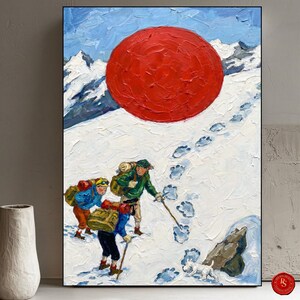 May include: Oil painting of a snowy mountain scene with a large red sun. Three figures with backpacks and walking sticks are hiking up a snow-covered path. A small white dog follows them. The sky is blue with white clouds.