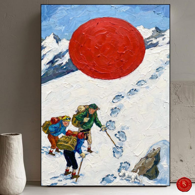 May include: Oil painting of a snowy mountain scene with a large red sun. Three figures with backpacks and walking sticks are hiking up a snow-covered path. A small white dog follows them. The sky is blue with white clouds.