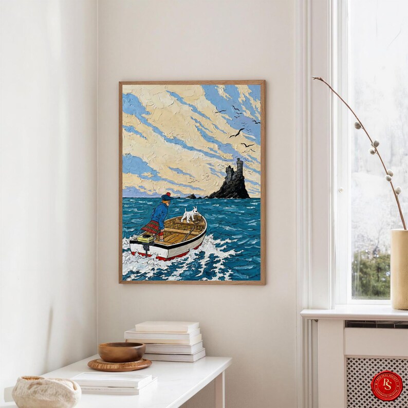 May include: A framed art print depicts a man in a boat with a white dog, sailing on blue water. The sky is filled with textured clouds and birds, with a rocky island in the distance. The artwork has a vintage, illustrative style.