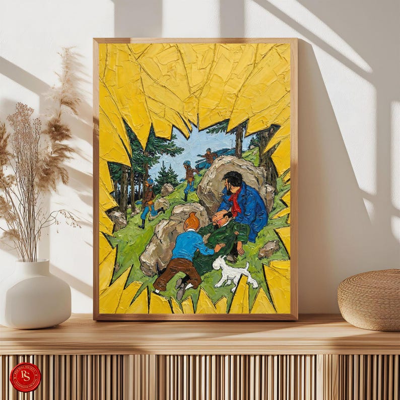May include: A framed art print depicting a scene with several figures in a landscape. The artwork features a yellow background with a textured, cracked effect. The scene includes figures in blue, brown, and green clothing, with a white dog.
