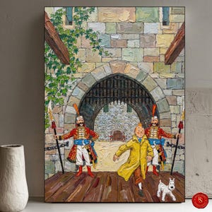 May include: Oil painting of a scene with a running figure in a yellow coat, a white dog, and two guards in red uniforms. The scene is set in front of a stone archway with a wooden bridge. The artwork has a textured, painterly style.