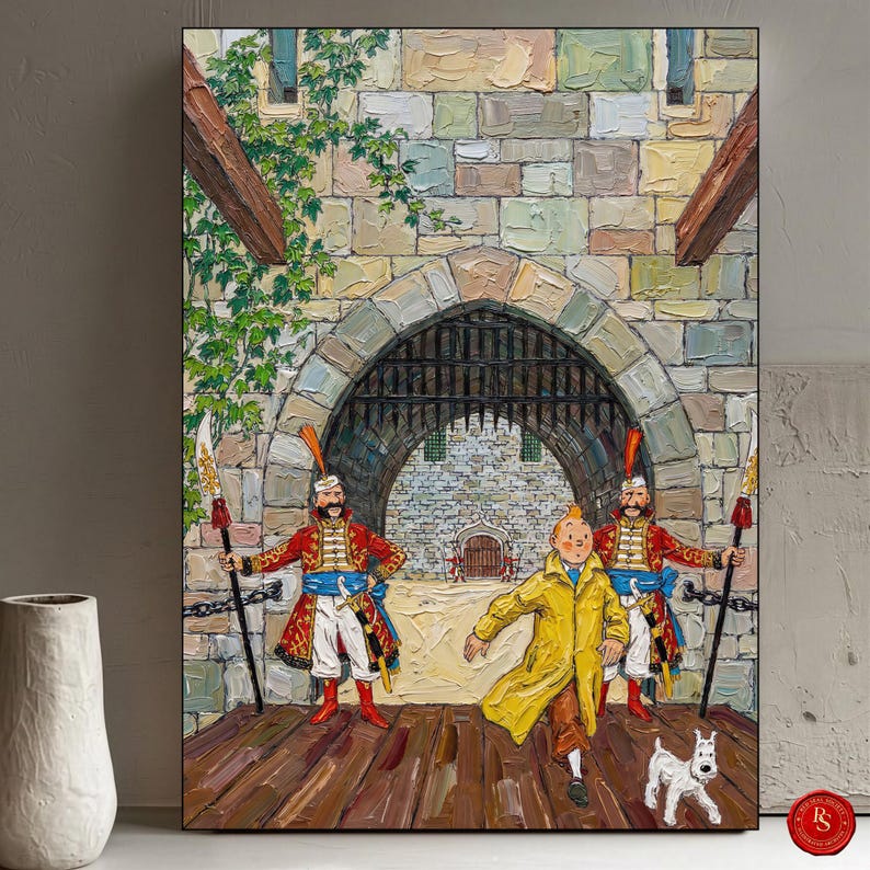 May include: Oil painting of a scene with a running figure in a yellow coat, a white dog, and two guards in red uniforms. The scene is set in front of a stone archway with a wooden bridge. The artwork has a textured, painterly style.