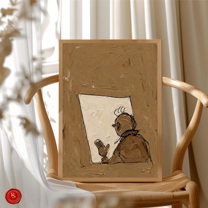 May include: A framed abstract painting featuring a figure reading, rendered in brown and cream tones. The artwork is displayed on a wooden chair, with a soft, neutral background. The painting has a textured, impasto style.