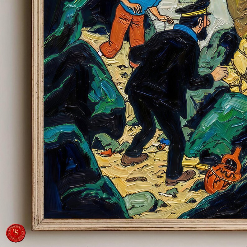 May include: An oil painting depicting a scene with figures in a rocky environment. The artwork features a man in a black suit and hat, and another in orange pants and a blue shirt. The painting has a textured, impasto style with vibrant colors.