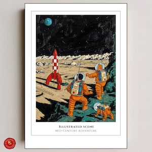 May include: An illustrated print featuring a retro space scene with astronauts in orange suits exploring a lunar landscape. A red and white rocket stands tall, with a blue planet and starry sky in the background. The text reads "Illustrated Scene, Mid-Century Adventure."