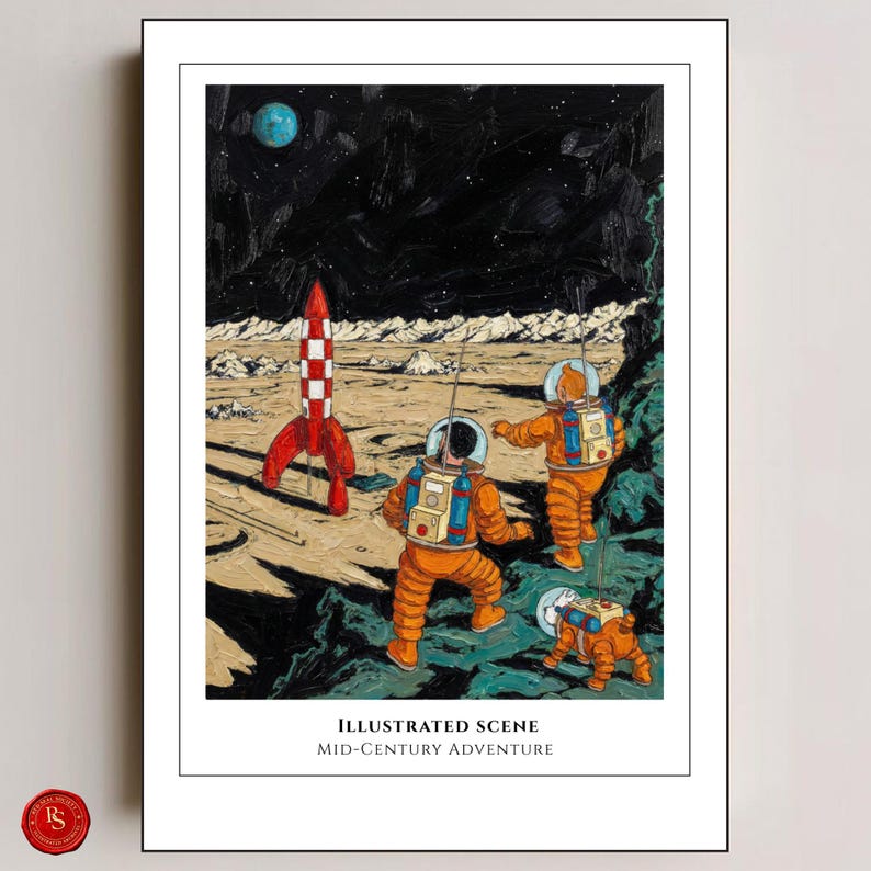 May include: An illustrated print featuring a retro space scene with astronauts in orange suits exploring a lunar landscape. A red and white rocket stands tall, with a blue planet and starry sky in the background. The text reads "Illustrated Scene, Mid-Century Adventure."