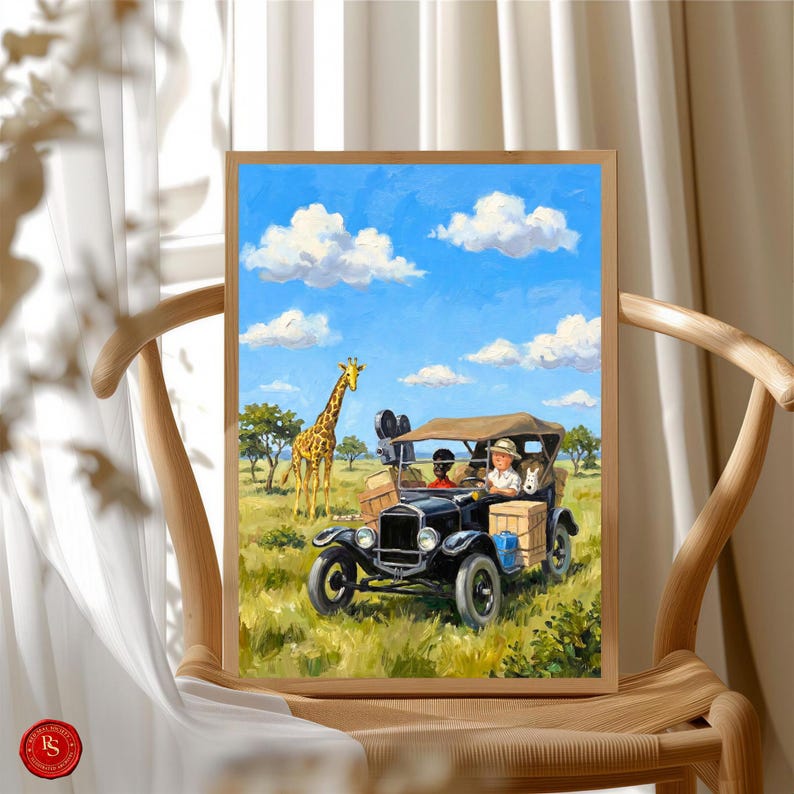 May include: A framed print depicts a vintage car on a safari adventure. The artwork features a giraffe, blue sky with clouds, and passengers in the car. The car is black with wooden crates, suggesting a travel theme.