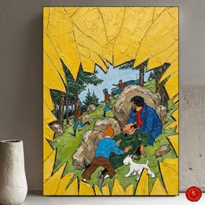 May include: An oil painting depicting a scene with figures in a landscape, framed by a textured yellow border. The artwork features characters in blue, brown, and green clothing, with a white dog. The style is reminiscent of a comic book illustration.