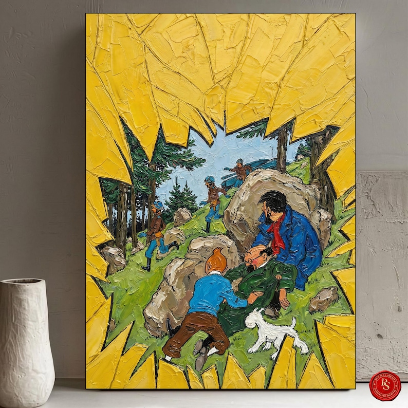 May include: An oil painting depicting a scene with figures in a landscape, framed by a textured yellow border. The artwork features characters in blue, brown, and green clothing, with a white dog. The style is reminiscent of a comic book illustration.