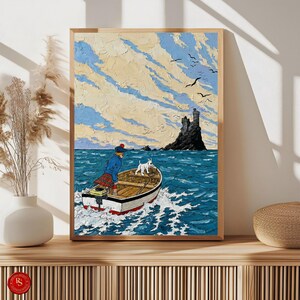 May include: A framed art print depicts a person in a boat with a white dog, sailing on a blue sea towards a rocky island with a castle. The sky is filled with clouds and birds, creating a nautical theme.