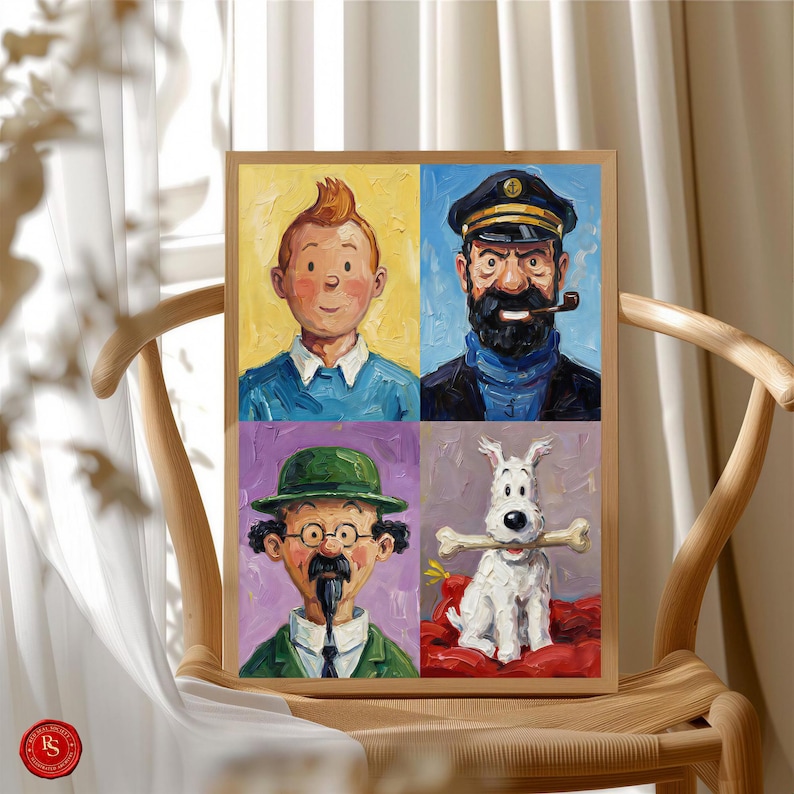 May include: A framed artwork featuring four panels with portraits of characters from a comic series. The top left panel shows a young man with red hair. The top right panel depicts a man with a black beard and a pipe. The bottom panels show a man with a green hat and a white dog.