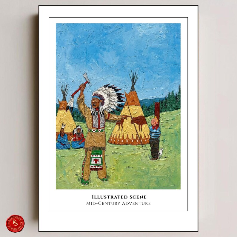 May include: An illustrated print depicting a Native American scene with a figure in traditional headdress holding an axe. The artwork features teepees, figures, and the text "ILLUSTRATED SCENE MID-CENTURY ADVENTURE". The color palette includes blues, greens, and browns.