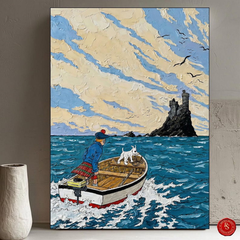 May include: Oil painting of a man in a boat with a white dog, sailing on a blue sea towards a dark island with a castle. The sky is filled with clouds and birds. The man wears a blue jacket, red kilt, and a hat.