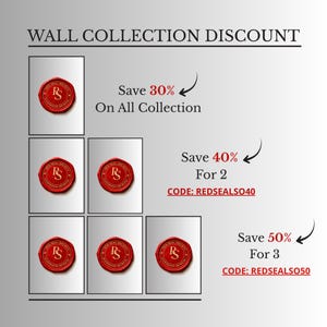 May include: A promotional graphic for a wall collection, featuring red circular seals with the text "RS" inside. The graphic advertises discounts: Save 30% on all collections, Save 40% for 2, and Save 50% for 3. Discount codes are provided.