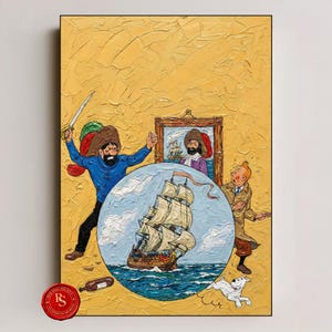 Puede incluir: Pintura al óleo que representa tres figuras y un barco. Un hombre con camisa azul y pantalón negro sostiene una espada. Un retrato enmarcado muestra a un hombre con abrigo morado. Un barco navega sobre un globo azul. Un perro blanco corre cerca de un hombre con abrigo beige.