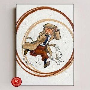 Puede incluir: Pintura al óleo de un personaje de dibujos animados corriendo con abrigo y gorra color beige, con un perro blanco. El fondo presenta círculos concéntricos marrones sobre una superficie blanca texturizada. Un sello rojo con texto está en la esquina inferior izquierda.