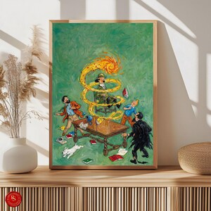 May include: A framed painting with a green background depicts a chaotic scene. A figure in a chair is surrounded by a fiery spiral. Several figures are scattered around a table, with books and a white dog on the floor. The painting has a wooden frame.
