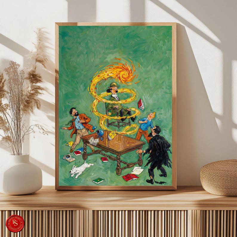 May include: A framed painting with a green background depicts a chaotic scene. A figure in a chair is surrounded by a fiery spiral. Several figures are scattered around a table, with books and a white dog on the floor. The painting has a wooden frame.